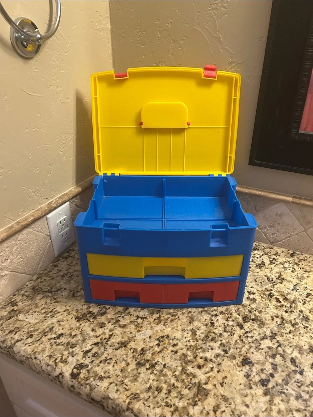 Kids Multi-Color Plastic Toy Storage Box with Drawers - Yellow/Blue/Red & Handle